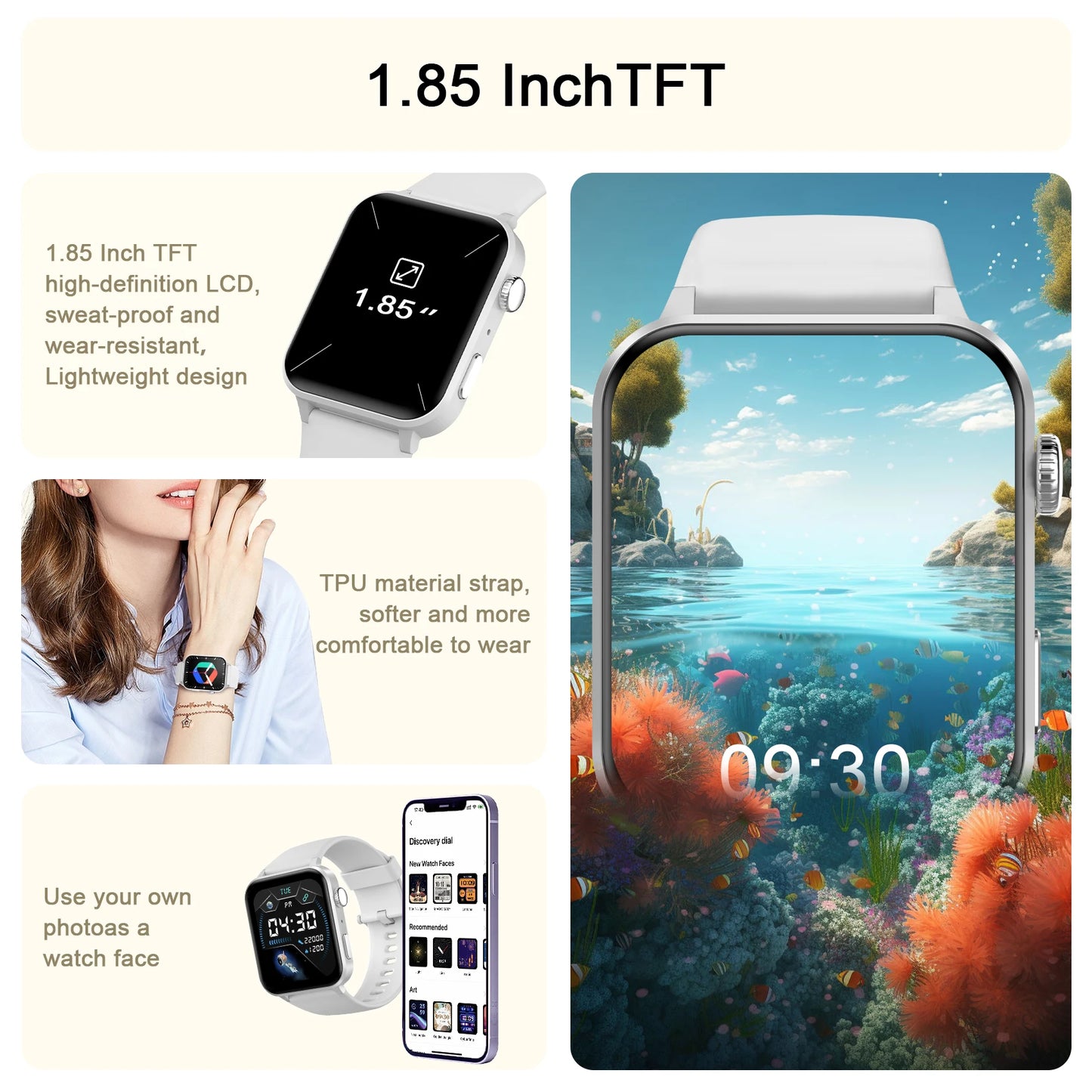 IOWODO Smart Watch for Men Women Bluetooth Call, AI Voice, 1.85" HD Fitness Watch with Heart Rate SpO2 Monitor,message alert