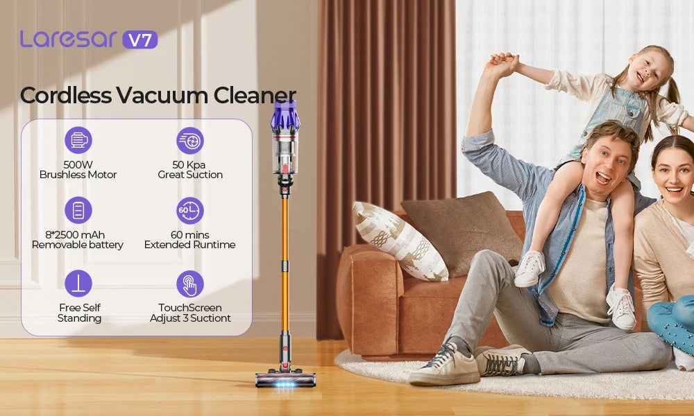 Laresar V7 500W 50KPA Suction Power Cordless Vacuum Cleaner Handheld smart Home appliance Removable Battery Dust Cup