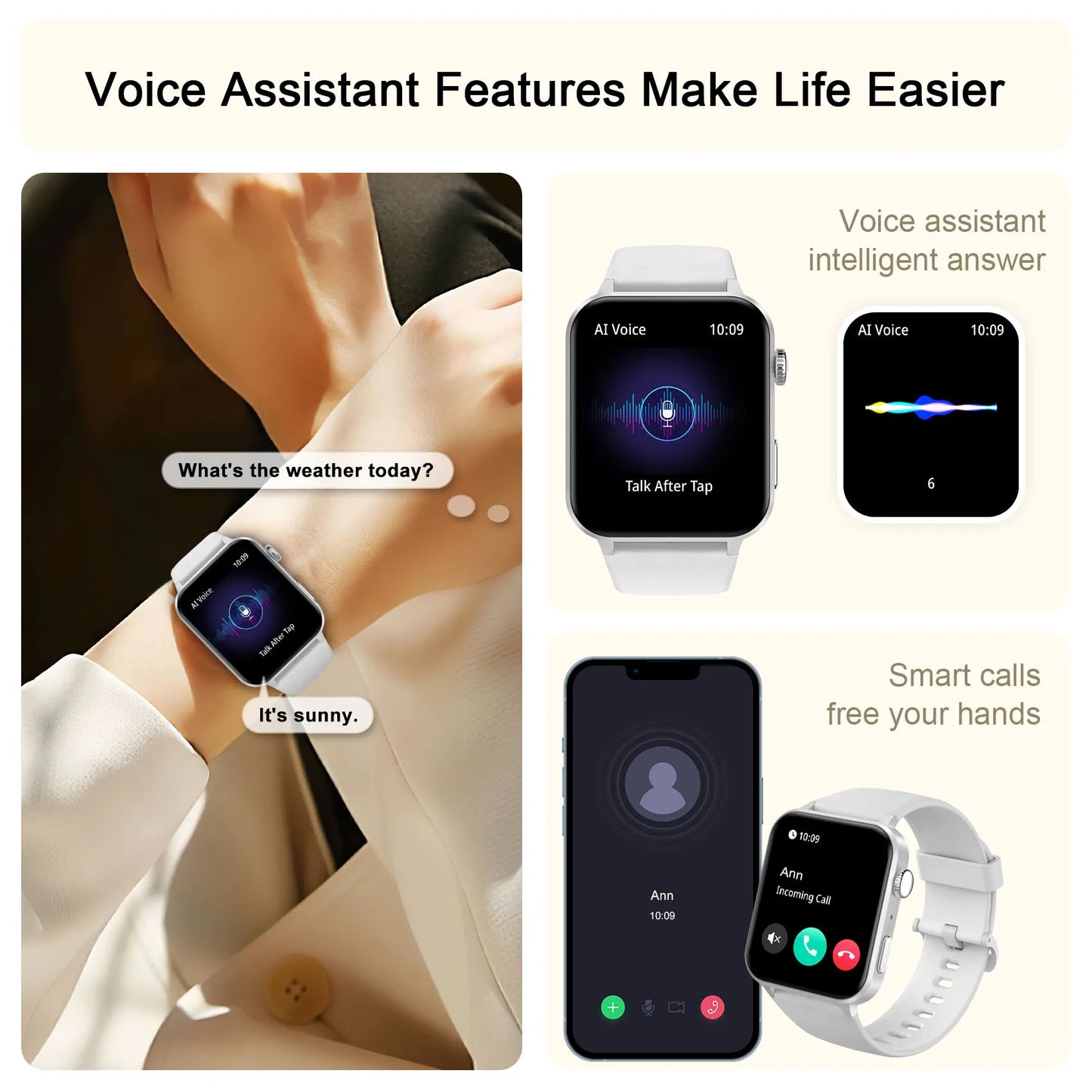 IOWODO Smart Watch for Men Women Bluetooth Call, AI Voice, 1.85" HD Fitness Watch with Heart Rate SpO2 Monitor,message alert